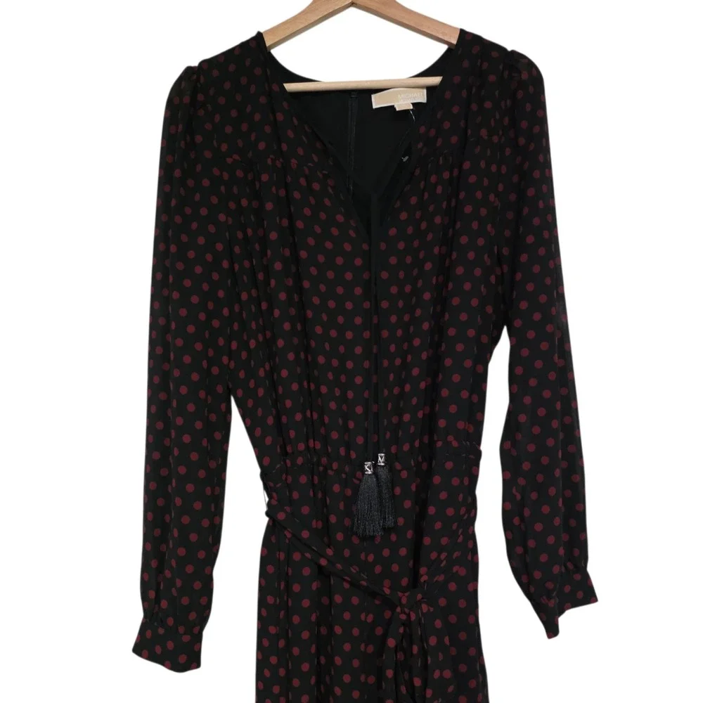 Michael Michael Kors Jumpsuit XL Black Red Polka Dot Long Sleeve Belted Crepe